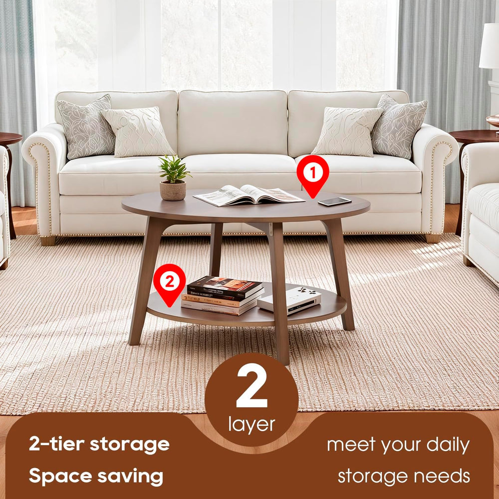 FDW Round Coffee Table 2-Tier Modern Wood Center Table with Storage for Livin...