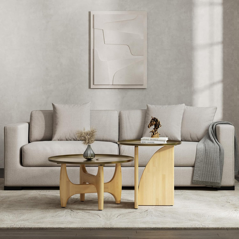 AUZ Round End Table with Brushed Gold Top, Small Wood Side Table for Living R...