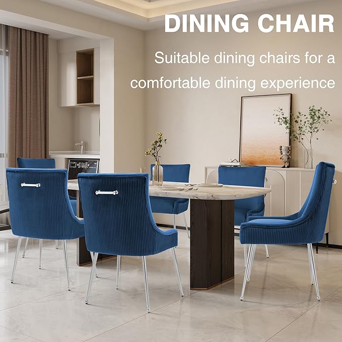 Velvet Dining Chairs Set of 6 with Silver Metal Legs, Modern Upholstered Kitchen Chair with Pull Handle & Pleated Back, Mid Century Accent Chair for Vanity,Dining,Kitchen,Living Room, Dark Blue