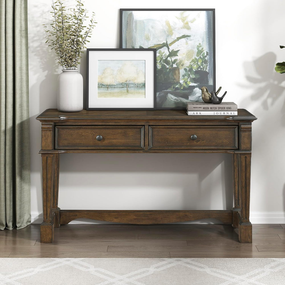 Lexicon Rectangle Wood Sofa Table with 2 Dovetail Drawers, Cherry Veneer Cons...