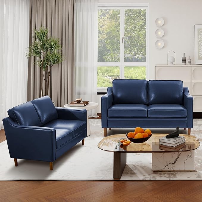 Kingfun 56" Faux Leather Sofa, Loveseat Couch, Mid Century Modern Love Seat Couches with Solid Wood Frame for Living Room & Bedroom, Royal Blue