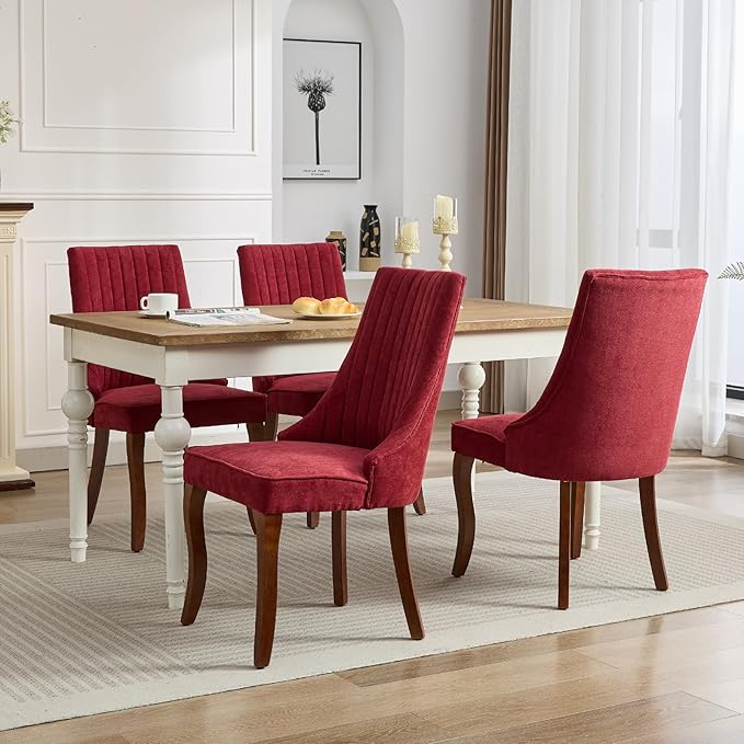 Burgundy Mid Century Dining Chairs Set of 6, Modern Kitchen & Dining Room Chairs Set of 6, Linen Upholstered Kitchen Chairs, Sillas de Comedor, Wood Legs (Wine Red, 6 Pcs)