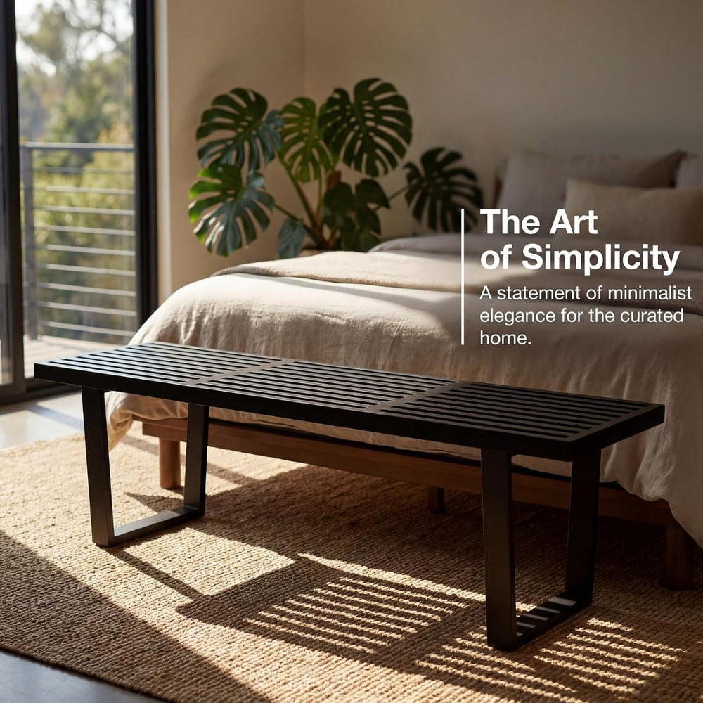 HNY Modern Entryway Bench Black Wood Minimalist Nelson Bench with Metal Legs ...