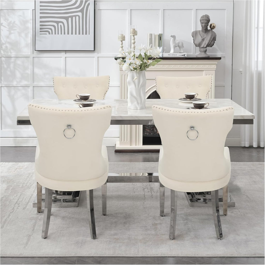 adochr Velvet Dining Chairs Set of 6, Upholstered Kitchen Chairs with Mteal Legs, Modern Button Tufted Back with Square Pull Ring Trim for Dining Room, Beige