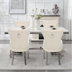 adochr Velvet Dining Chairs Set of 6, Upholstered Kitchen Chairs with Mteal Legs, Modern Button Tufted Back with Square Pull Ring Trim for Dining Room, Beige