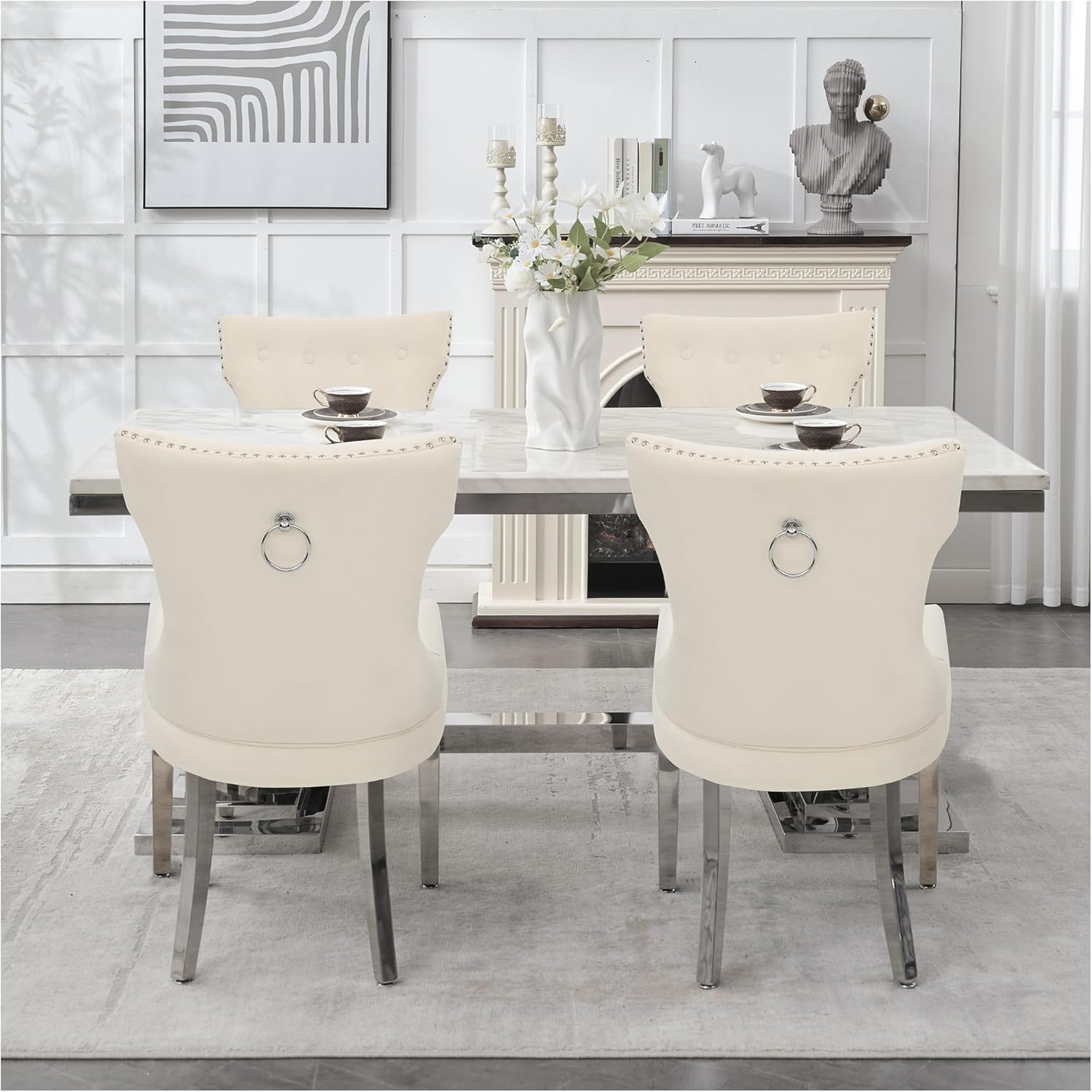 adochr Velvet Dining Chairs Set of 6, Upholstered Kitchen Chairs with Mteal Legs, Modern Button Tufted Back with Square Pull Ring Trim for Dining Room, Beige