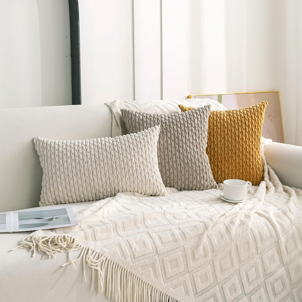 Set of 4 Neutral Decorative Throw Pillow Covers 22x22 Inch Corduroy Pillow Co...