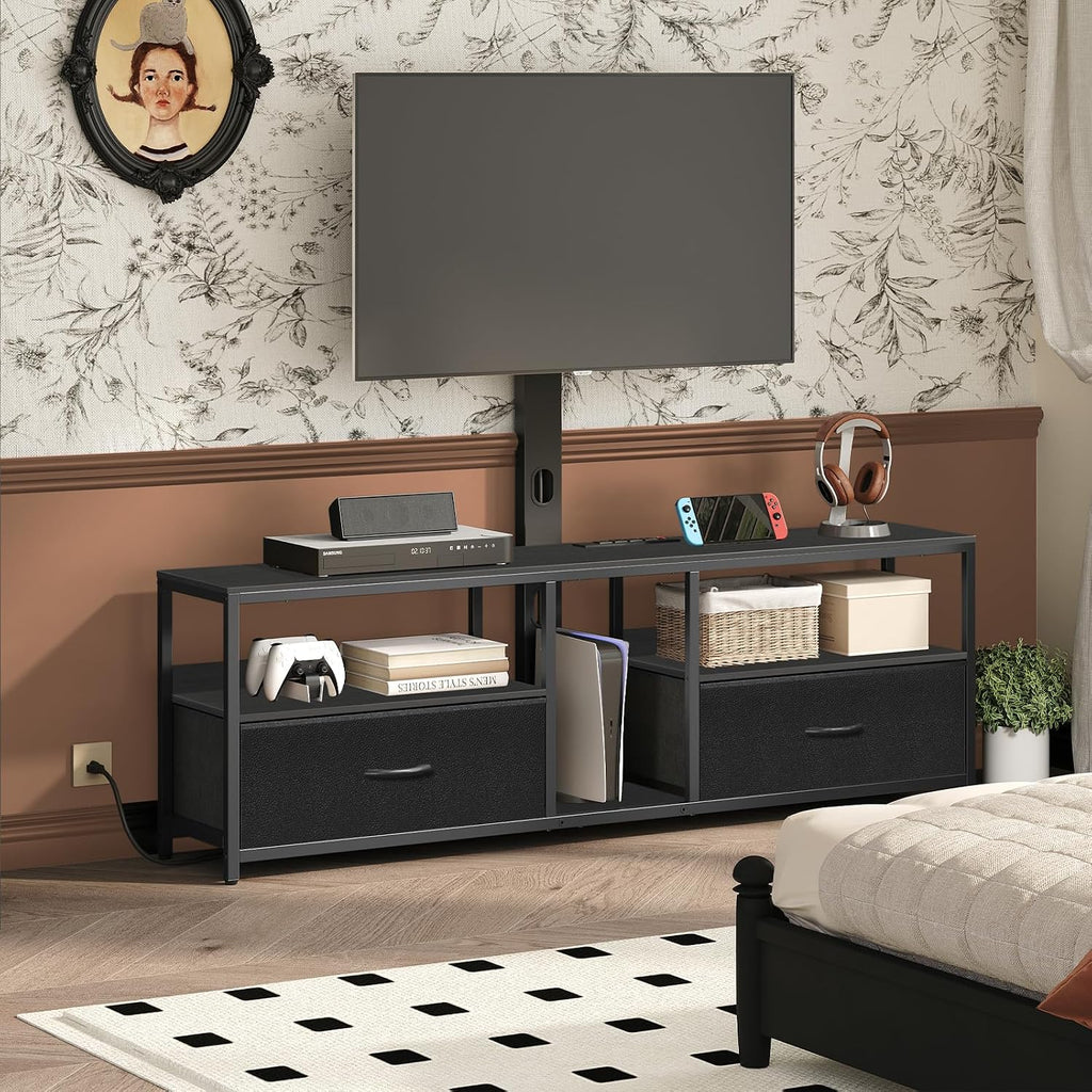 MAHANCRIS TV Stand with Mount for up to 75", Entertainment Center with Switch-Controlled Charging Station, Swivel TV Stand Mount with Fabric Drawers, for Living Room, Black TVBK154E01N2
