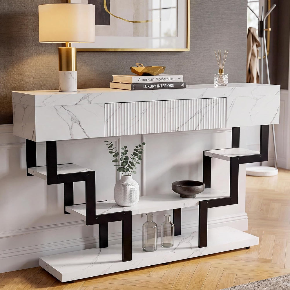 47.3" Console Table with Fluted Drawers, 3-Tier Modern Entryway Table wi...