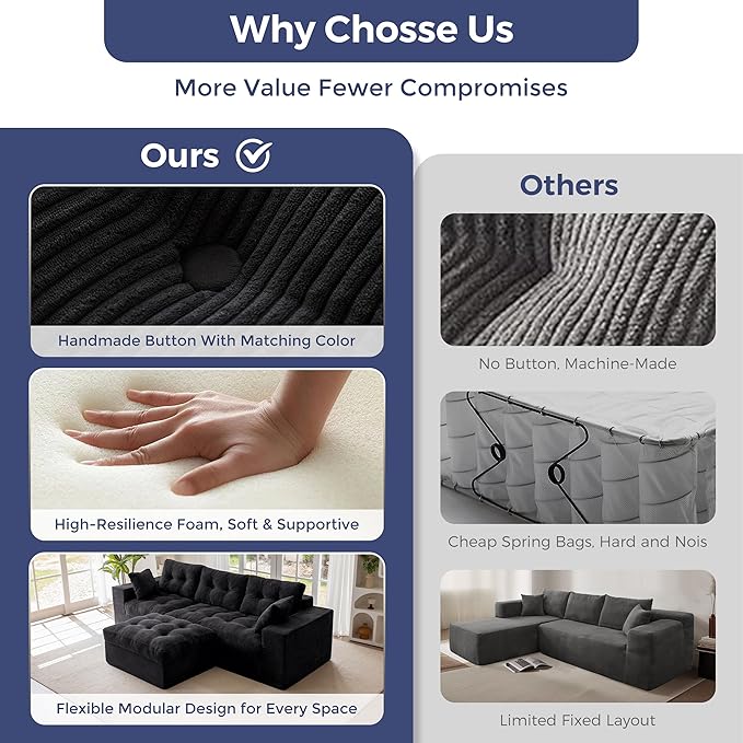 MAXYOYO 104" L Shaped Modular Sectional Sofa with Ottoman, Cloud Boneless Couch with Layered Cushion, Upholstered Sofa in a Box, Flexible Module Combination for Living Room, No Assembly, Black
