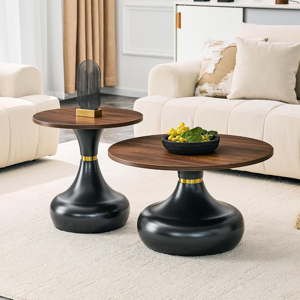 2-Piece Nesting Coffee Table Set, Walnut Wood Grain, Gold Metal Base | Nestin...