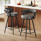 26" Counter Height Bar Stools Set of 2, Premium Faux Leather Barstools | Upholstered 360°Swivel Bar Chairs with Woven Backs Support & Heavy Duty Metal Legs for Kitchen Counter, Dark Grey