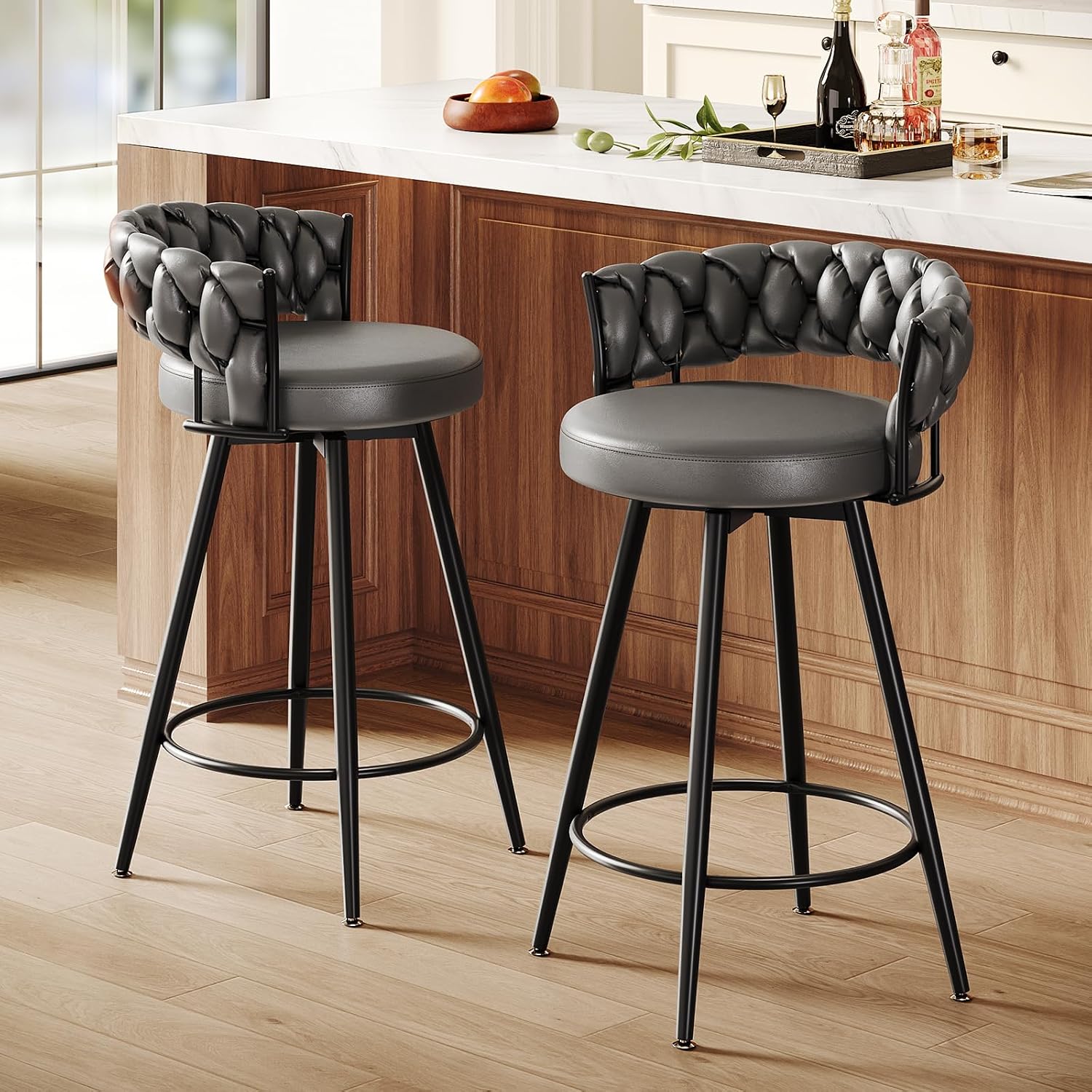 26" Counter Height Bar Stools Set of 2, Premium Faux Leather Barstools | Upholstered 360°Swivel Bar Chairs with Woven Backs Support & Heavy Duty Metal Legs for Kitchen Counter, Dark Grey