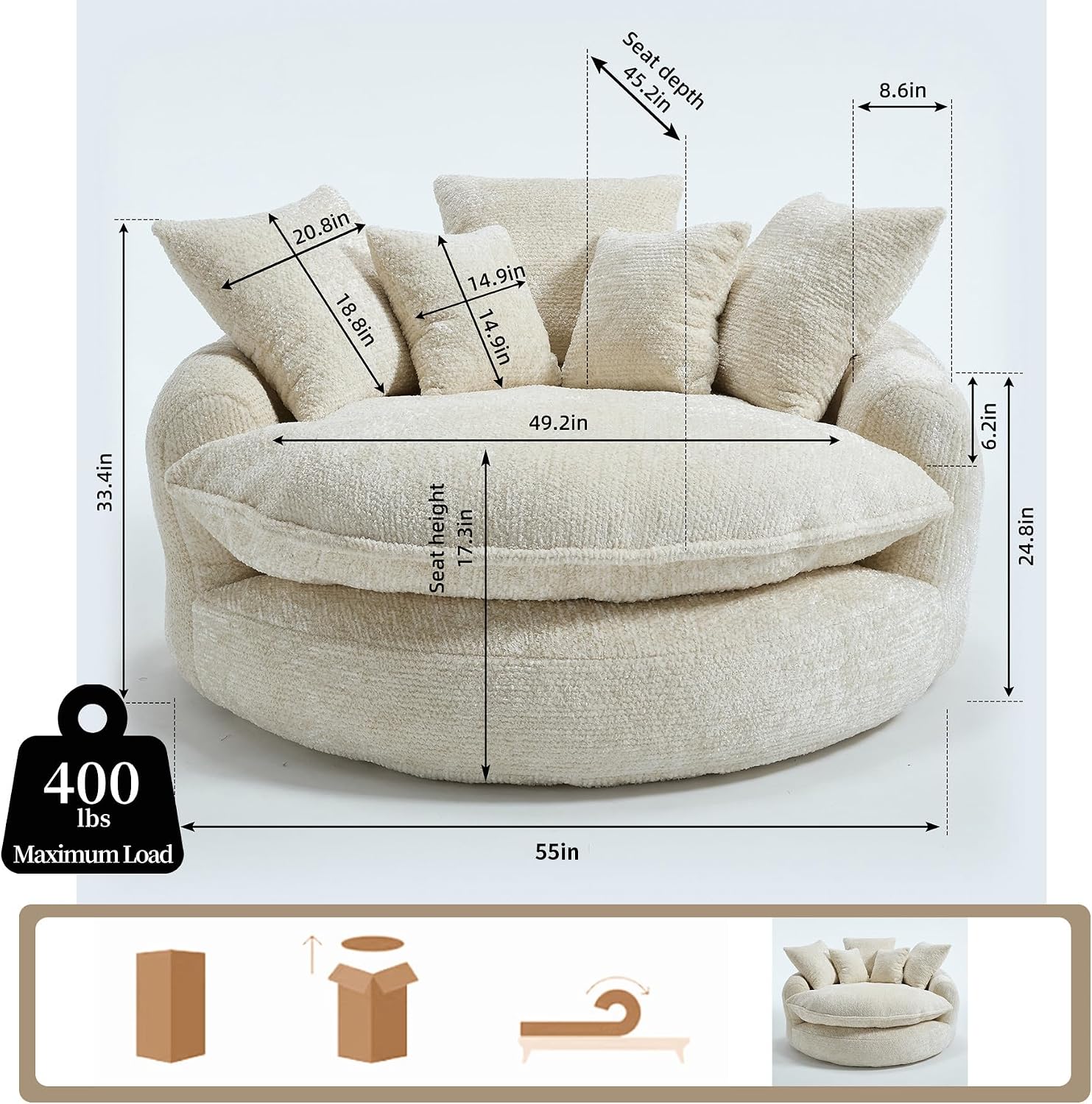 Oversized Fluffy Chenille Lounge Sofa - Extra Deep Seat Cozy Reading Circle Couch for Living Room | Indoor Lounge & Oversized Round Accent Design (Beige)