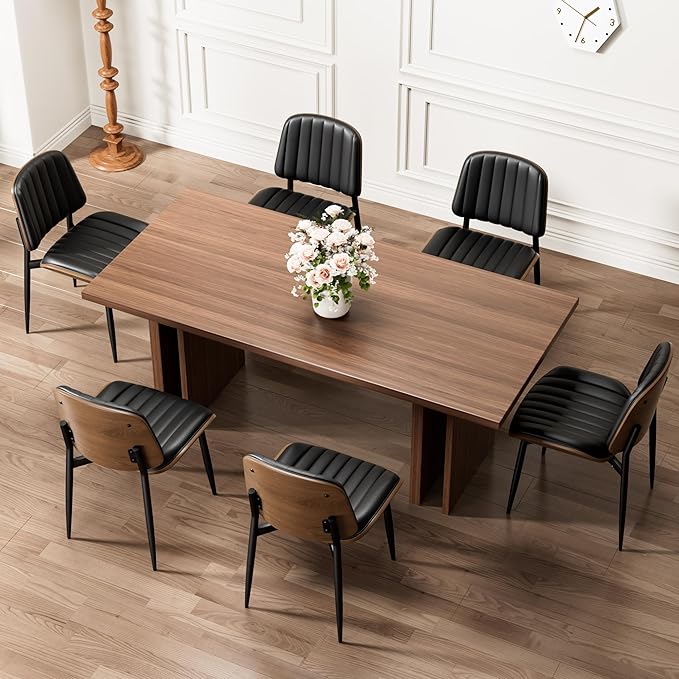 Dining Chairs Set of 6, Mid-Century Modern Upholstered PU Leather Chairs with Walnut Bentwood Back and Metal Legs Adjustable Feet for Kitchen Dining Living Room, Dark Black Vertical Stripes