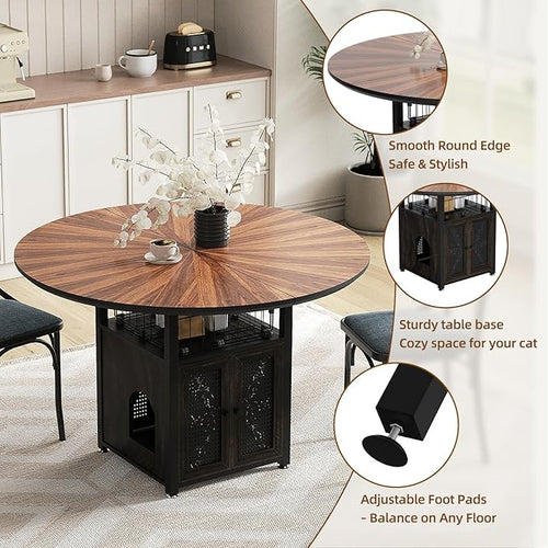 47" Round Dining Table Set for 4-6 People, Large Farmhouse Kitchen Dining Table Set with Chairs and Storage Rack, Metal Base Round Table for Home Dining Room Living Room (Cat table and 2 black chairs)