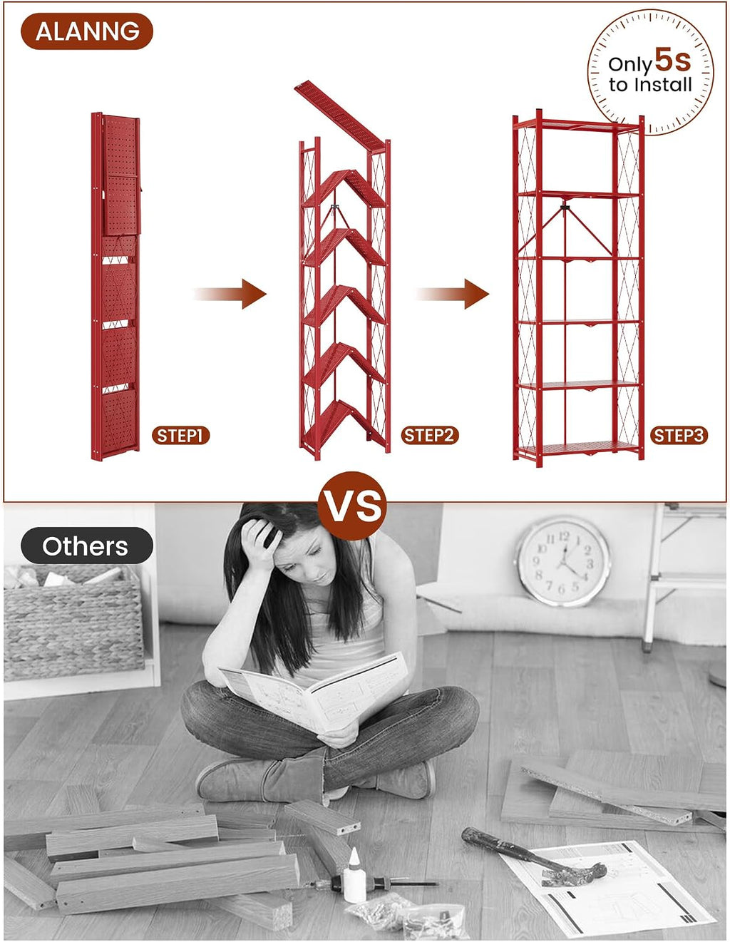 ALANNG 73.6 Inch Folding Bookshelf, 6 Tier Metal Bookcase and Bookshelves | Tall Shelves for Living Room Office Bedroom, Heavy Duty Book Shelve Free Standing Open (Red, 1PACK)