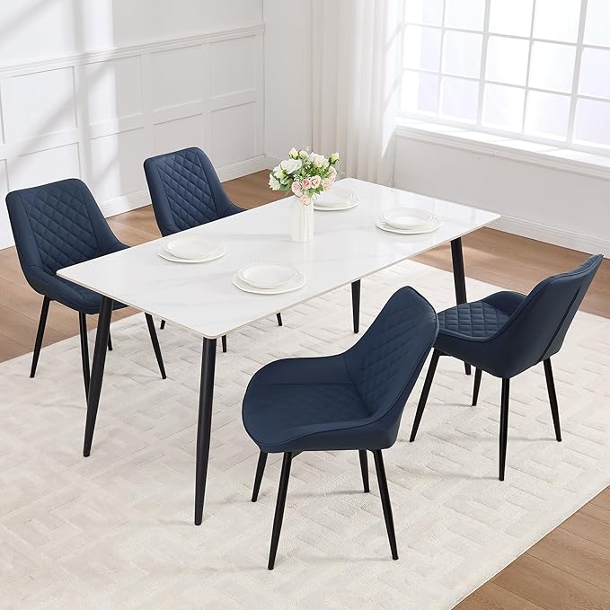 Dining Chair Set of 4, Modern Dining Chairs with Thick Cushions, Faux Leather Upholstered Kitchen Dining Room Chairs with Metal Adjustable Legs for Dining Living Room, Blue