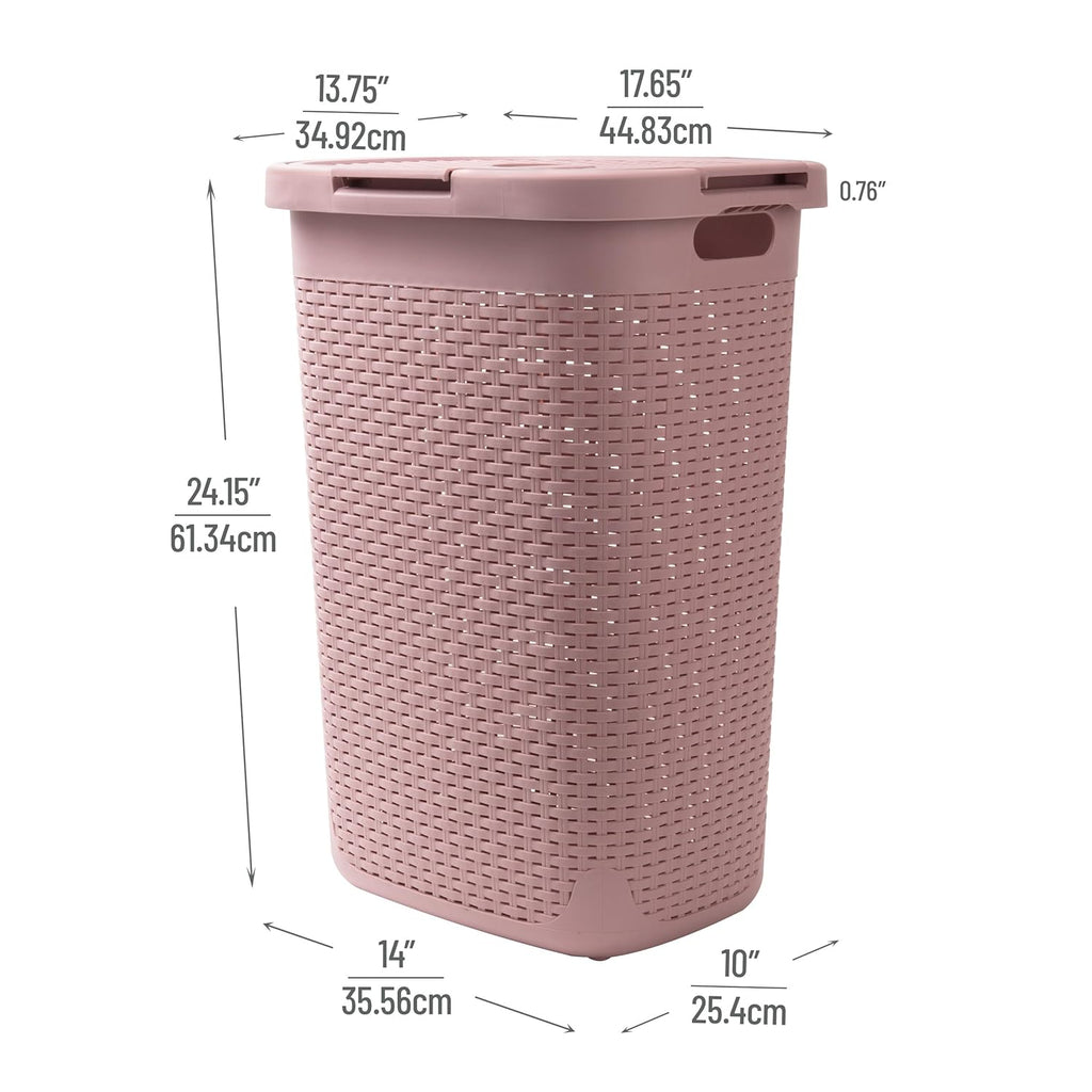 Mind Reader Slim Laundry Hamper with Lid, 60L Clothes Basket, Premium Wicker Design, Plastic, Pink
