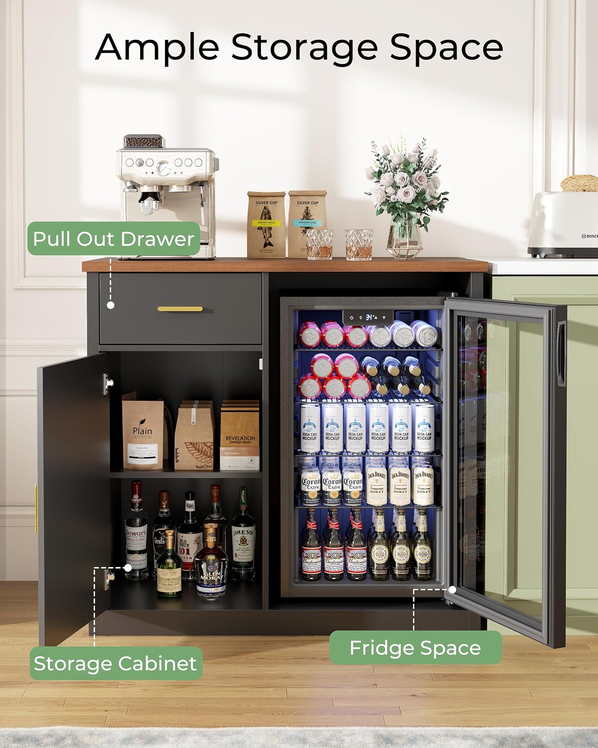 39" Mini Fridge Cabinet, Coffee Bar with Mini Fridge Space, Black | Coffee Bar Cabinet, Mini Fridge Compatible, Drawer Storage, Adjustable Shelf, Wood Grain Countertop, Living Room or Home Bar