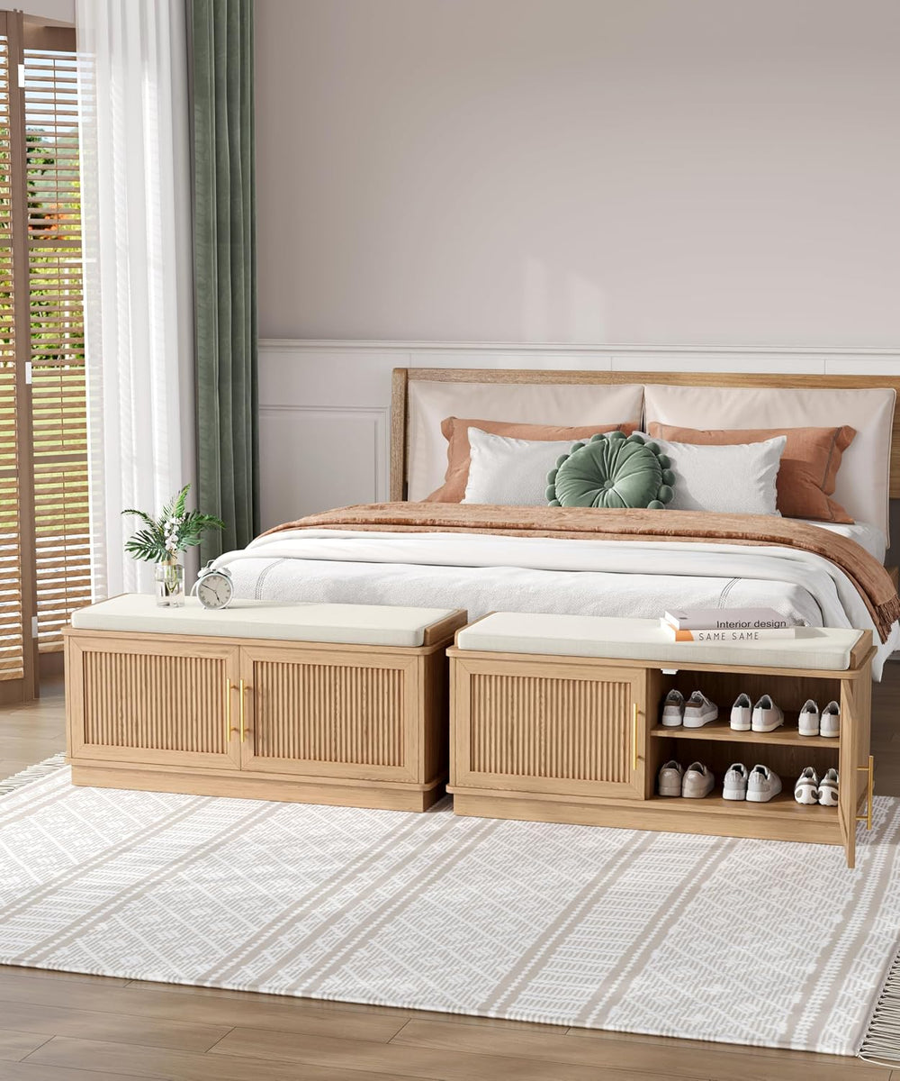 Akxomel 39.4" Fluted Shoe Storage Bench 2 Doors Wooden Entryway Bench Oa...
