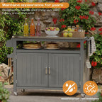 FUQARHY 43.3-Inch Solid Wood Outdoor Kitchen Island with Storage Cabinet, Grill Table with Stainless Steel Top, Outdoor Cooking Prep Station with Lockable Wheels for Backyard, Patio, Party (Gray)