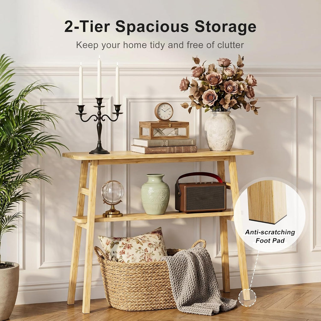 39.4" Solid Bamboo Entryway Console Table, Sofa Table Behind Couch, Narrow Bamboo Wood Entry Table with Storage Shelves for Living Room, Hallway，Modern, Easy Assembly, Natural