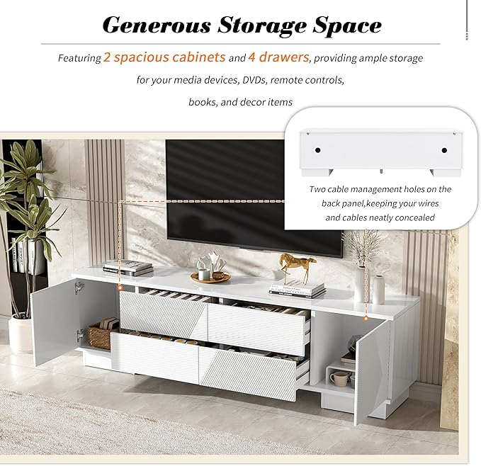Merax 70.8 inch Modern TV Stand for TVs up to 75 Inches, Entertainment Center with Storage Cabinets & 4 Drawers, Minimalist Media Console with Metal Center Leg & Anti-Tip Device for Living Room, White