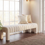 63" Bedroom Bench, Upholstered Entryway Bench, Modern End of Bed Ottoman with Solid Wood Legs and Adjustable Foot Pegs for Entryway, Dining Room and Living Room (Beige Linen)