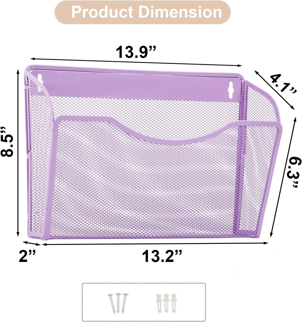 EASEPRES 3 Single Pocket Mesh Hanging File Organizer, Vertical Wall Mounted Magazine File Holder, Mount Basket Mail Paper Document Folder Organizing for Office, Home and School, Light Purple