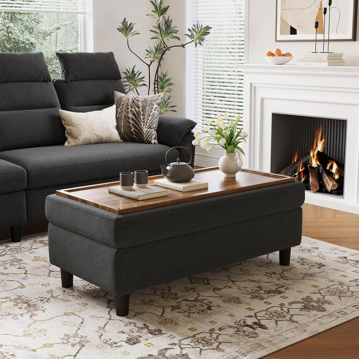 LINSY HOME 46 Inches Wide Storage Ottoman Bench, Linen Coffee Table Long Shoes Bench Footstool, Storage Chest, Foot Rest Stool, for The Living Room, Entryway and Family Room (Dark Gray)