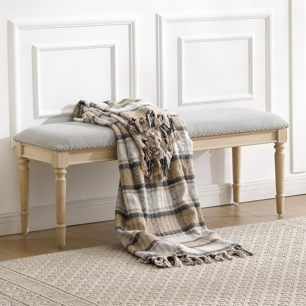 46'' French Country Entryway Bench Wooden Linen Fabric Upholstered Se...