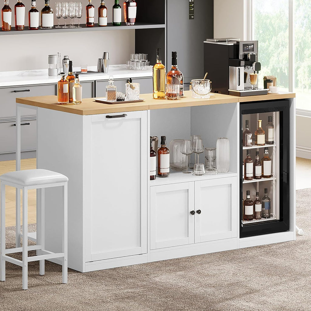 Kitchen Island with Seating, 67" Large Island Table with Trash | Bin for Dining Room, Kitchen Island on Wheels with Power Outlet & Open Shelves, Storage with Small Fridge Organization, White