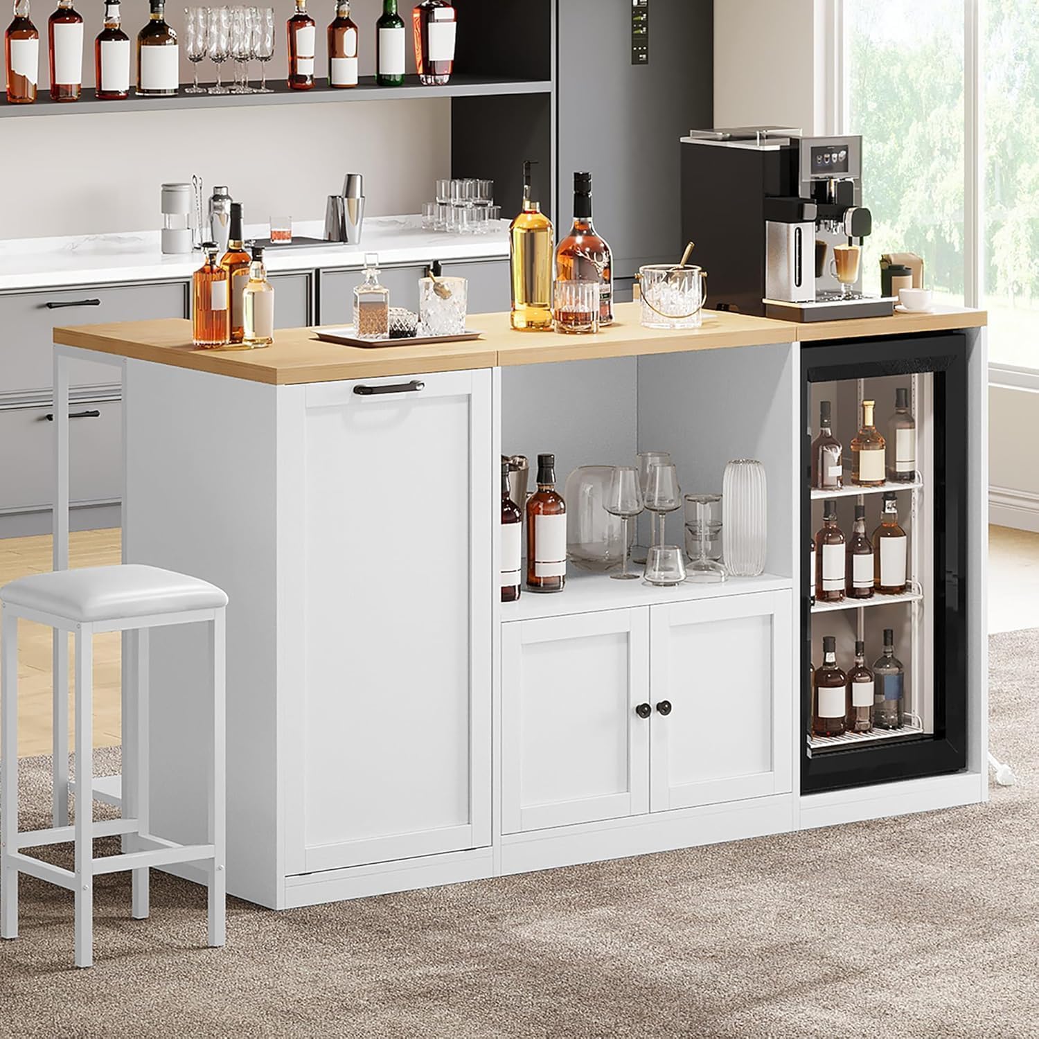 Kitchen Island with Seating, 67" Large Island Table with Trash | Bin for Dining Room, Kitchen Island on Wheels with Power Outlet & Open Shelves, Storage with Small Fridge Organization, White