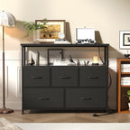 DUMOS TV Stand, Dresser with 5 Fabric Storage Drawers, Media Console Featuring Open Shelf, Fabric Storage Cabinet with Charging Station, Compact Entertainment Unit for Bedroom, Living Room, Black