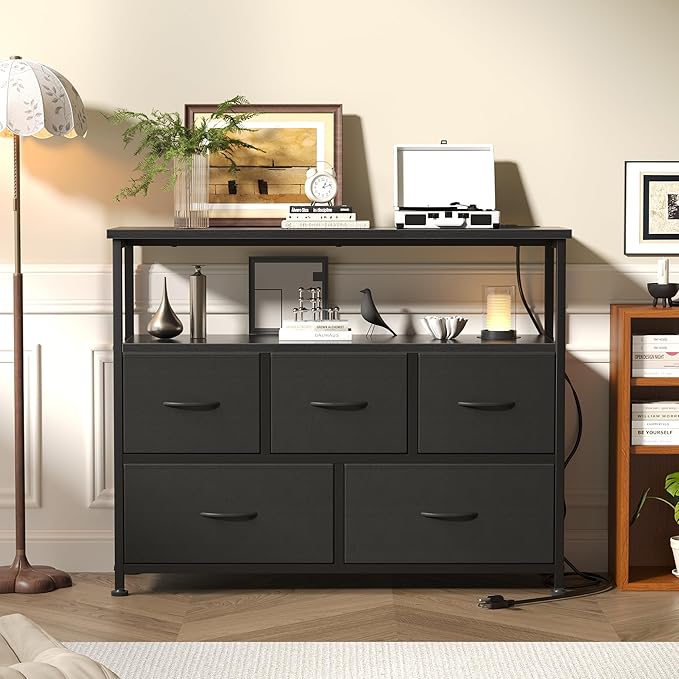 DUMOS TV Stand, Dresser with 5 Fabric Storage Drawers, Media Console Featuring Open Shelf, Fabric Storage Cabinet with Charging Station, Compact Entertainment Unit for Bedroom, Living Room, Black