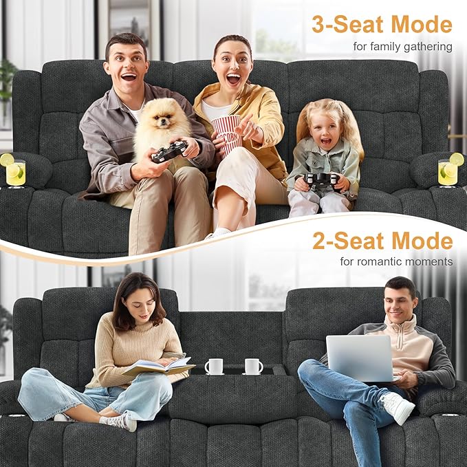 Loveseat Recliner Sofa, Flip Middle Backrest Design 3 Seat Reclining Sofa with Storage Drawer, USB Ports & Cup Holders, Manual Couch for Living Room/RV (New Gray)