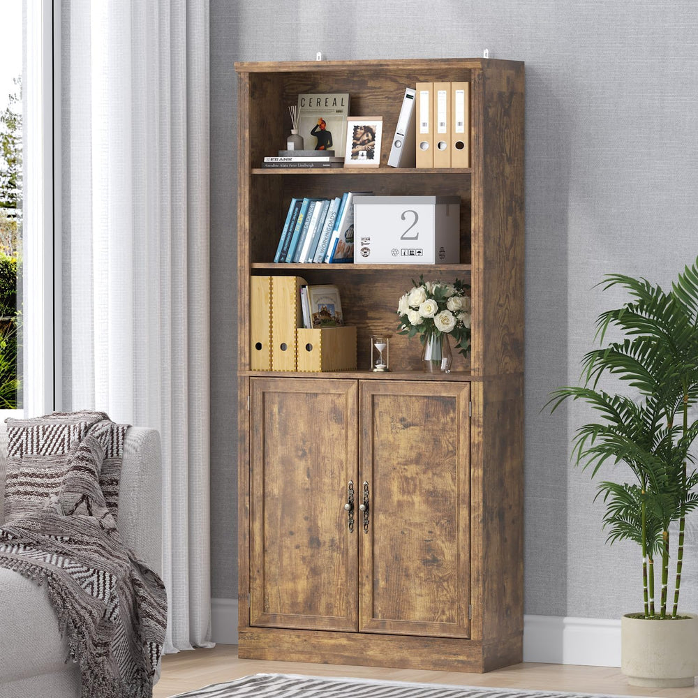 Thacuok 72'' Tall Bookcase with Doors, Adjustable Shelves, P2 MDF Con...