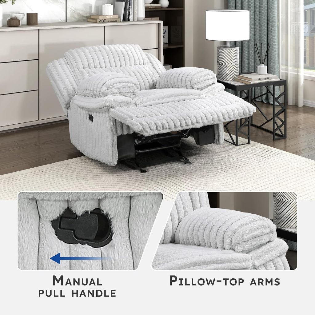 Lexicon Manual Glider Recliner Chair, Corduroy Manual Tab Pull Reclining Chair with Pillow Top Arms, Plush Cushions, Cozy Theater-Style Accent for Living Room/Bedroom, Easy Assembly, Gray