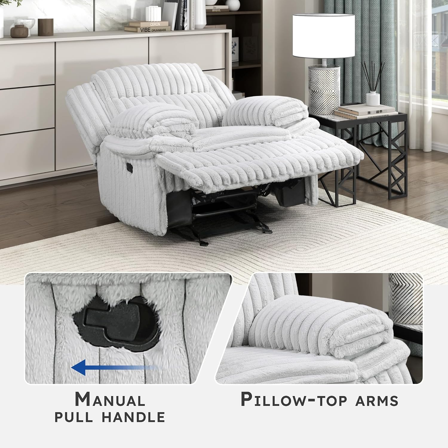 Lexicon Manual Glider Recliner Chair, Corduroy Manual Tab Pull Reclining Chair with Pillow Top Arms, Plush Cushions, Cozy Theater-Style Accent for Living Room/Bedroom, Easy Assembly, Gray