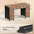 PRAISUN 47 Inch Office Desk with Outlets, Computer Desk with 9 Fabric Drawers, Writing Gaming Work Study Desk for Bedroom, Living Room, Home Office, Large Storage, Rustic Brown