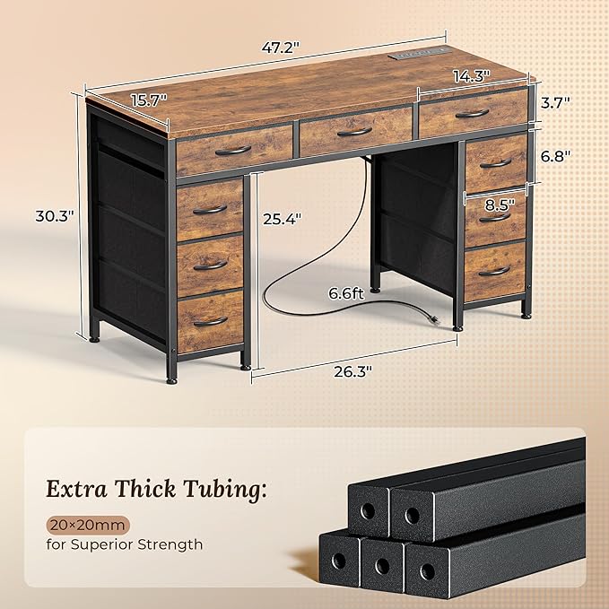 PRAISUN 47 Inch Office Desk with Outlets, Computer Desk with 9 Fabric Drawers, Writing Gaming Work Study Desk for Bedroom, Living Room, Home Office, Large Storage, Rustic Brown