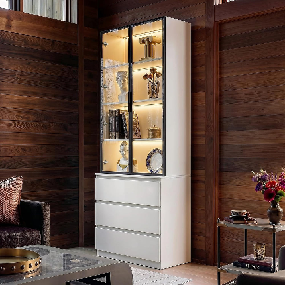 Homsee 92.5" H Lighted Kitchen Pantry Cabinet with 3 Drawers & Glass...