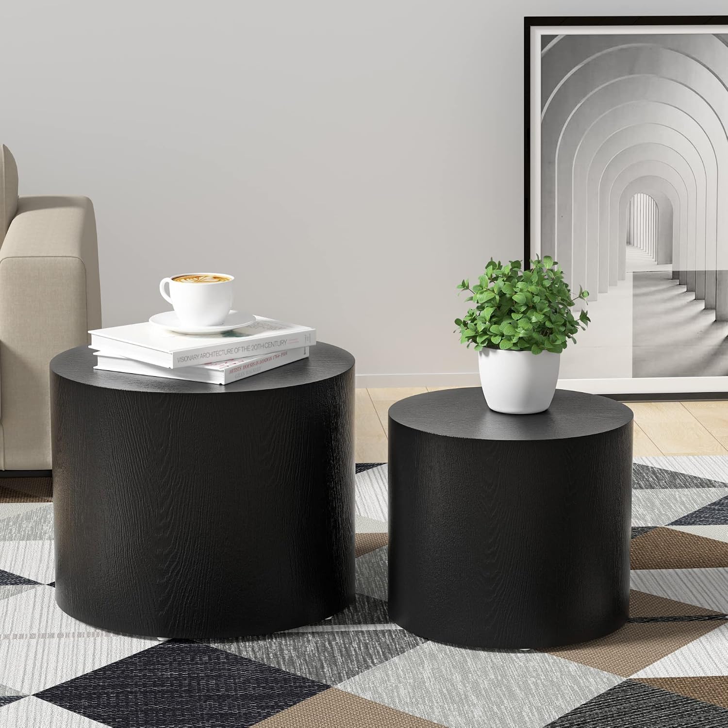 WILLIAMSPACE Nesting Coffee Table Set of 2, Black Round Wooden Modern Circle Table for Small Space Living Room Bedroom Accent End Side Table (Black-Round)