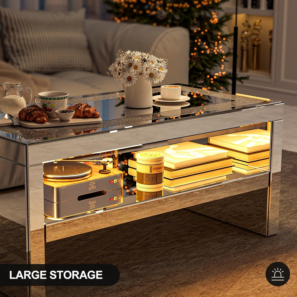 IKIFLY Mirrored Coffee Table with Mirror Crystal Board, Glass Rectangle End T...