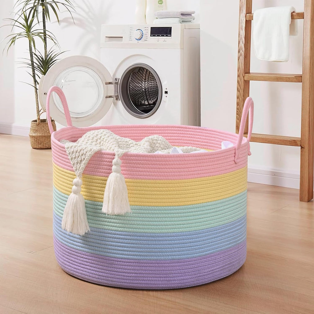 67L Large Rainbow Blanket Basket, Cotton Rope Baby Laundry Hamper with Handles, Kids Toy Basket for Classroom & Nursery, Soft Round Stuffed Animal Storage, Dog Toy Bin - 20"x13", Light Rainbow