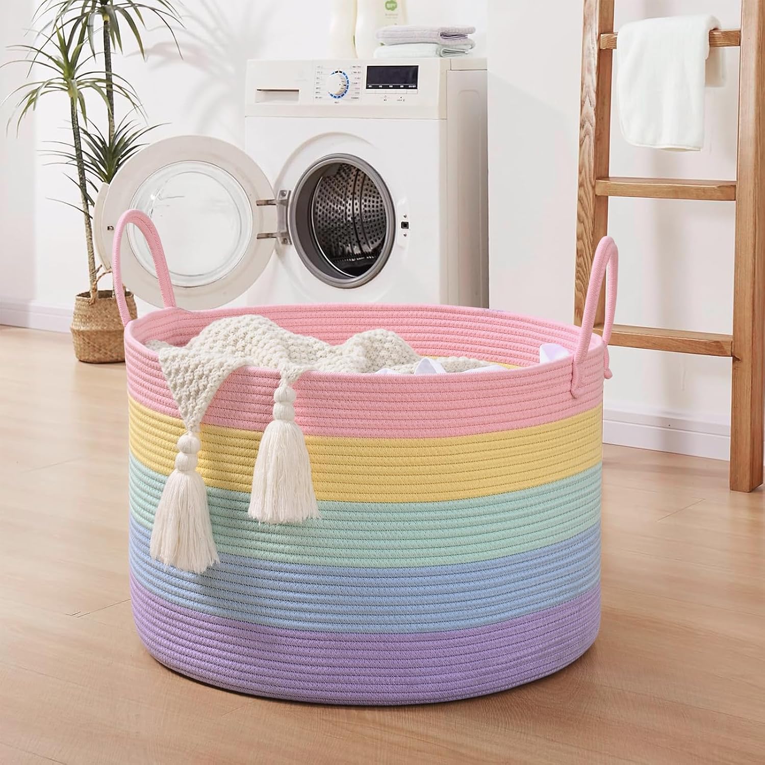 67L Large Rainbow Blanket Basket, Cotton Rope Baby Laundry Hamper with Handles, Kids Toy Basket for Classroom & Nursery, Soft Round Stuffed Animal Storage, Dog Toy Bin - 20"x13", Light Rainbow