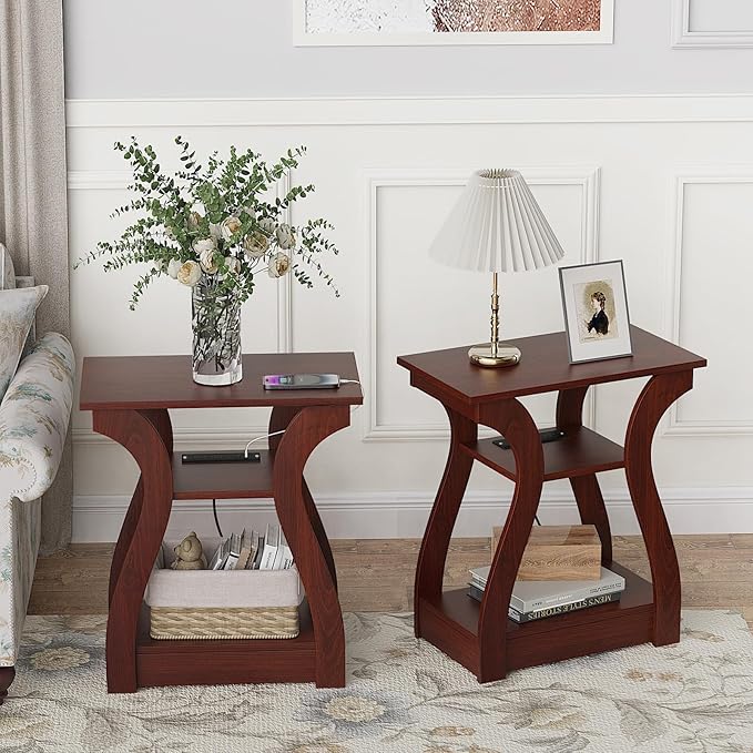 End Tables Living Room Set of 2,Cherry End Table with Charging Station,Side T...