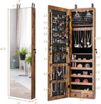 HAPPYGRILL Over the Door Jewelry Organizer, Hanging Jewelry Storage Cabinet w/Full-Length, Inner Makeup Mirror, Earring Shelves, Ring Slots, 25 Necklace Hooks, Wall Mounted Jewelry Armoire for Women