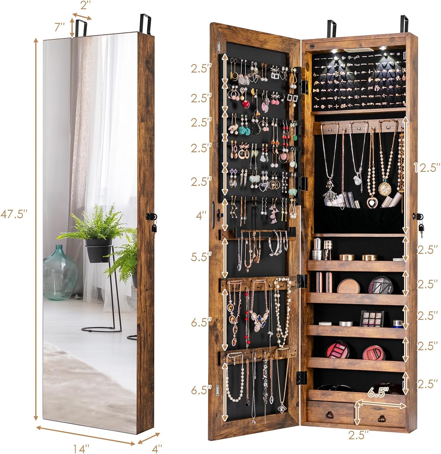 HAPPYGRILL Over the Door Jewelry Organizer, Hanging Jewelry Storage Cabinet w/Full-Length, Inner Makeup Mirror, Earring Shelves, Ring Slots, 25 Necklace Hooks, Wall Mounted Jewelry Armoire for Women